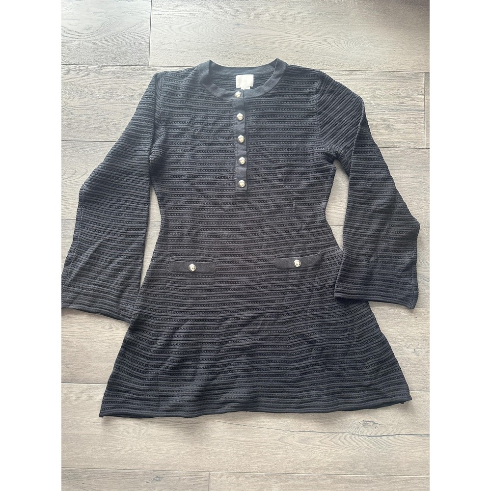 H&M Sweater Dress Womens Large Black Textured Knit Henley Bell Sleeve Buttons